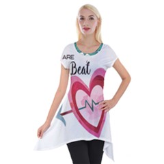 You Are My Beat / Pink And Teal Hearts Pattern (white)  Short Sleeve Side Drop Tunic by FashionFling