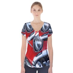 Classic Car Red Automobiles Short Sleeve Front Detail Top by Nexatart