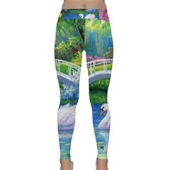 Swan Bird Spring Flowers Trees Lake Pond Landscape Original Aceo Painting Art Classic Yoga Leggings by Amaryn4rt