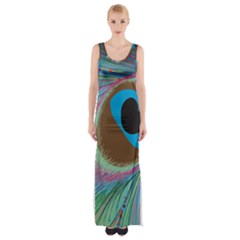 Peacock Feather Lines Background Maxi Thigh Split Dress by Simbadda