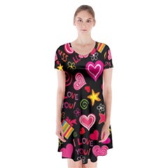 Love Hearts Sweet Vector Short Sleeve V-neck Flare Dress by Simbadda