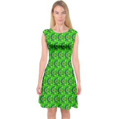 Green Abstract Art Circles Swirls Stars Capsleeve Midi Dress by Simbadda