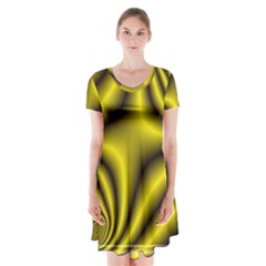 Yellow Fractal Short Sleeve V-neck Flare Dress by Simbadda