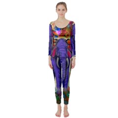 Abstract Elephant With Butterfly Ears Colorful Galaxy Long Sleeve Catsuit by EDDArt