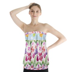 Watercolor Flowers And Butterflies Pattern Strapless Top by TastefulDesigns