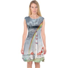 Watercolour Lighthouse Rainbow Capsleeve Midi Dress by Amaryn4rt