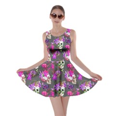 Dark Gray Skull And Flowers Pattern Skater Dress by CoolDesigns