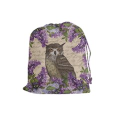 Vintage Owl And Lilac Drawstring Pouches (large)  by Valentinaart