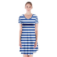 Horizontal Stripes Dark Blue Short Sleeve V-neck Flare Dress by Mariart