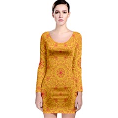 Solar Mandala  Orange Rangoli  Long Sleeve Bodycon Dress by bunart