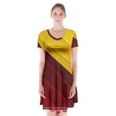 3d Glass Frame With Red Gold Fractal Background Short Sleeve V-neck Flare Dress by Simbadda