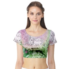 Wonderful Unicorn With Foal On A Mushroom Short Sleeve Crop Top (tight Fit) by FantasyWorld7