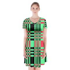 Bright Christmas Abstract Background Christmas Colors Of Red Green And Black Make Up This Abstract Short Sleeve V-neck Flare Dress by Simbadda