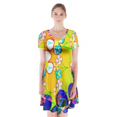 Abstract Flowers Design Short Sleeve V-neck Flare Dress by Simbadda