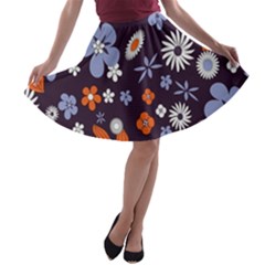 Bright Colorful Busy Large Retro Floral Flowers Pattern Wallpaper Background A-line Skater Skirt by Nexatart