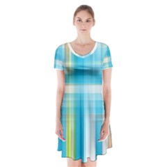 Lines Blue Stripes Short Sleeve V-neck Flare Dress by Mariart
