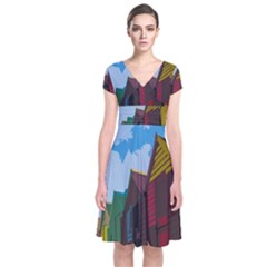 Brightly Colored Dressing Huts Short Sleeve Front Wrap Dress by Nexatart