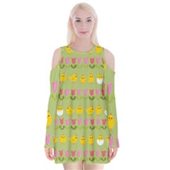 Easter - Chick And Tulips Velvet Long Sleeve Shoulder Cutout Dress by Valentinaart