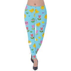 Easter - Chick And Tulips Velvet Leggings by Valentinaart