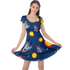 Rocket Ufo Moon Star Space Planet Blue Circle Cap Sleeve Dresses by Mariart