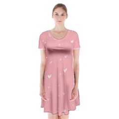 Pink Background With White Hearts On Lines Short Sleeve V-neck Flare Dress by TastefulDesigns