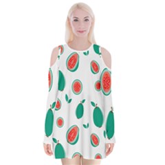 Fruit Green Red Guavas Leaf Velvet Long Sleeve Shoulder Cutout Dress by Mariart