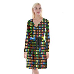 Pacman Seamless Generated Monster Eat Hungry Eye Mask Face Rainbow Color Long Sleeve Velvet Front Wrap Dress by Mariart