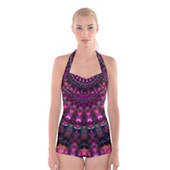 Pink Vortex Half Kaleidoscope  Boyleg Halter Swimsuit  by KirstenStar
