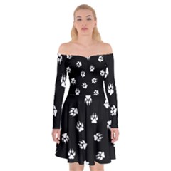 Footprints Dog White Black Off Shoulder Skater Dress by EDDArt