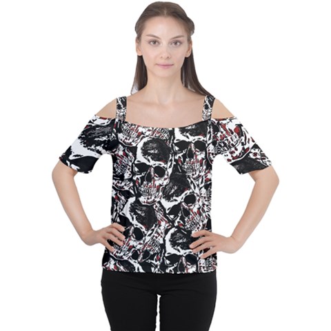 Skull Pattern Women s Cutout Shoulder Tee by ValentinaDesign