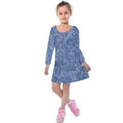 Blue Romantic Flower Pattern Denim Kids  Long Sleeve Velvet Dress by Ivana