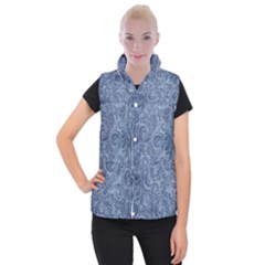 Blue Romantic Flower Pattern Denim Women s Button Up Puffer Vest by Ivana