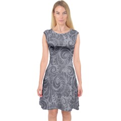 Grey Romantic Flower Pattern Denim Capsleeve Midi Dress by Ivana