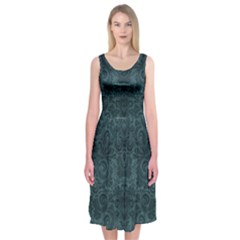 Teal Romantic Flower Pattern Denim Midi Sleeveless Dress by Ivana