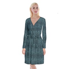 Teal Romantic Flower Pattern Denim Long Sleeve Velvet Front Wrap Dress by Ivana