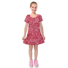 Red Romantic Flower Pattern Kids  Short Sleeve Velvet Dress by Ivana