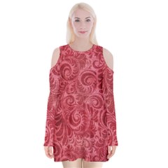 Red Romantic Flower Pattern Velvet Long Sleeve Shoulder Cutout Dress by Ivana