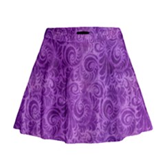 Purple Romantic Flower Pattern Denim Mini Flare Skirt by Ivana