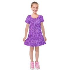 Purple Romantic Flower Pattern Denim Kids  Short Sleeve Velvet Dress by Ivana