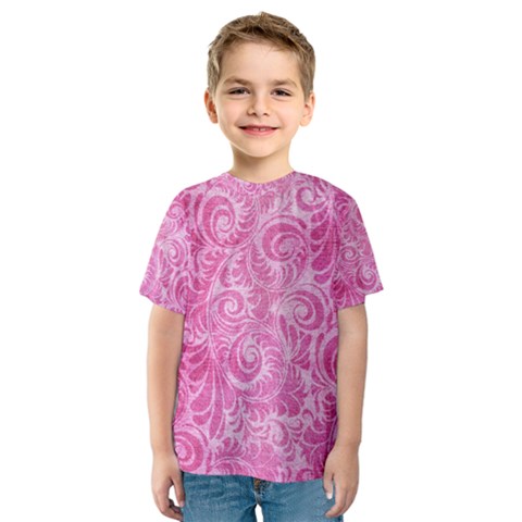 Pink Romantic Flower Pattern Denim Kids  Sport Mesh Tee by Ivana