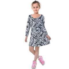 Gray Scale Pattern Tile Design Kids  Long Sleeve Velvet Dress by Nexatart