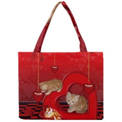 Cute, Playing Kitten With Hearts Mini Tote Bag by FantasyWorld7