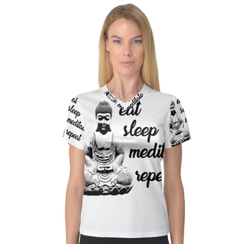 Eat, Sleep, Meditate, Repeat  Women s V-neck Sport Mesh Tee by Valentinaart