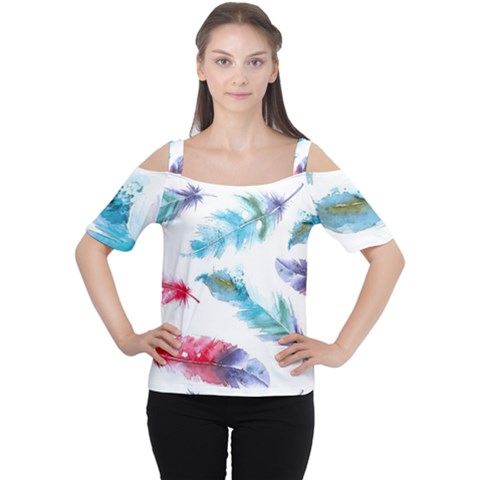 Watercolor Feather Background Women s Cutout Shoulder Tee by LimeGreenFlamingo