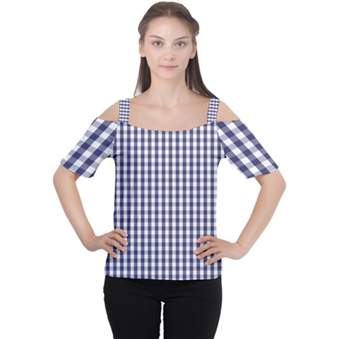 Usa Flag Blue Large Gingham Check Plaid  Women s Cutout Shoulder Tee by PodArtist