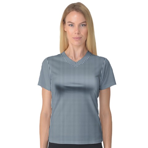 Silent Night Blue Mini Gingham Check Plaid Women s V-neck Sport Mesh Tee by PodArtist