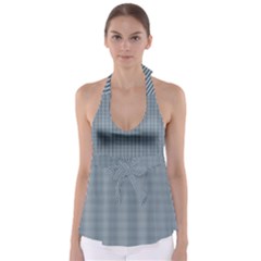 Silent Night Blue Mini Gingham Check Plaid Babydoll Tankini Top by PodArtist