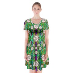 Pearl Flowers In The Glowing Forest Short Sleeve V-neck Flare Dress by pepitasart