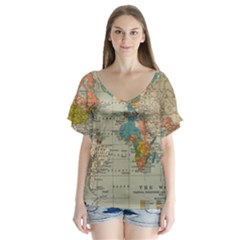 Vintage World Map Flutter Sleeve Top by BangZart