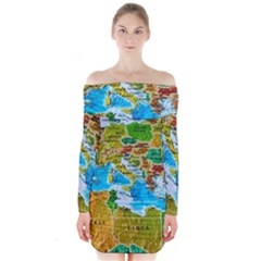 World Map Long Sleeve Off Shoulder Dress by BangZart